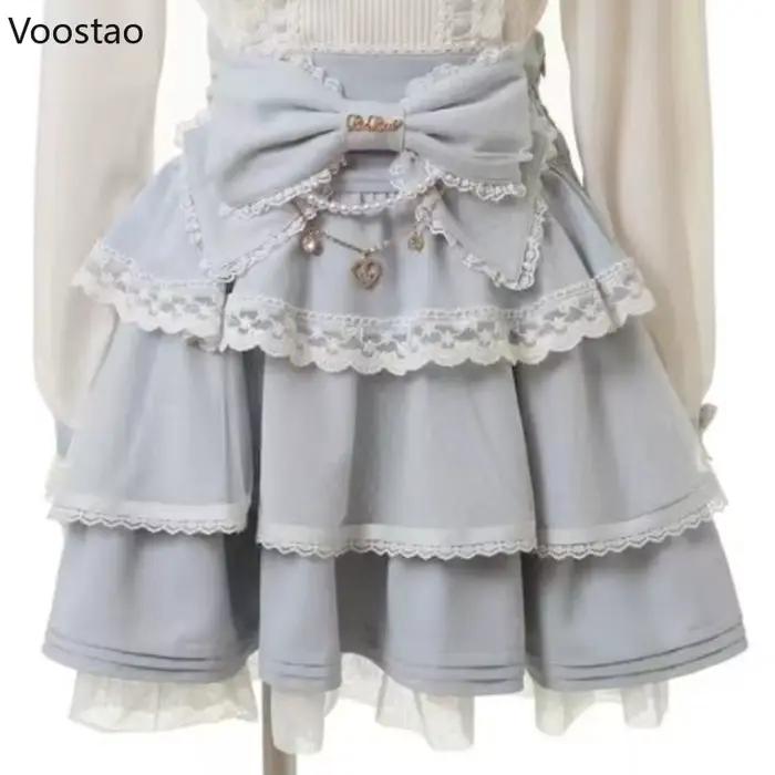 Mini jupe Style Lolita japonaise pour femmes, élégante, avec nœud, chaîne de perles, gâteau de fête,