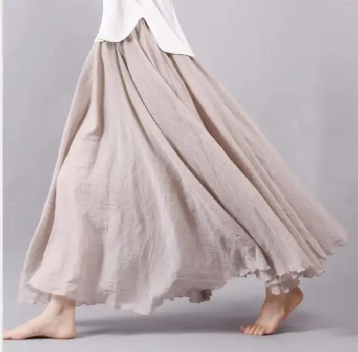 Nouvelles femmes d'été Vintage coton lin jupe solide élastique taille haute tout Match jupes Maxi St