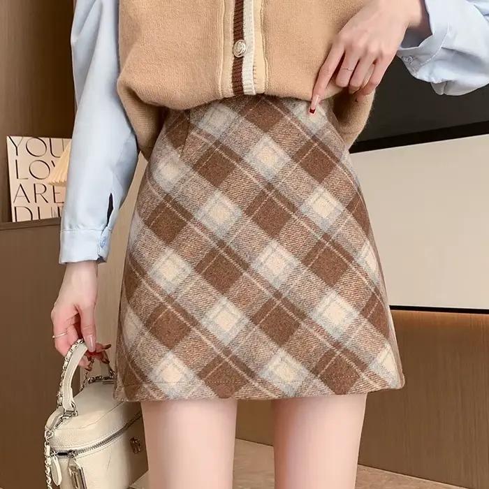 Jupe demi-plaid A-Word en laine de luxe, taille haute, coupe couvertes, jupe portefeuille hanche, ve