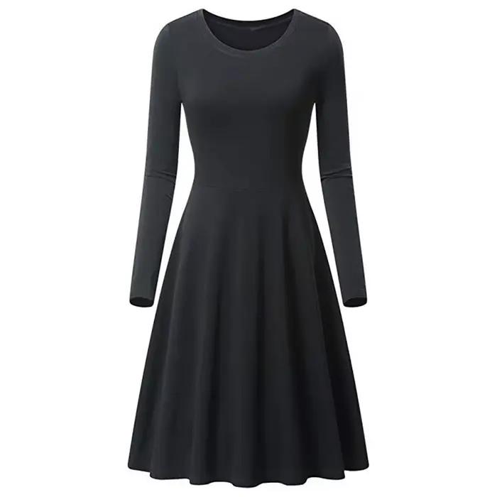 Robe trapèze à manches longues et col rond pour femme, tenue lisse et élégante, couleur unie, tenue 