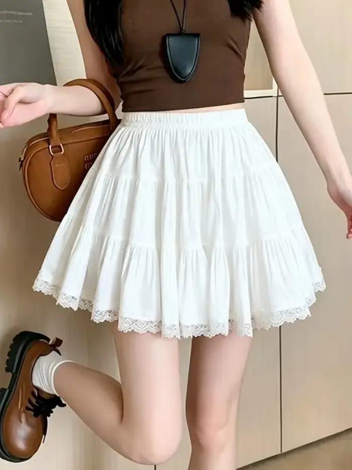 Jupe blanche Kawaii pour femme, taille haute, style chic décontracté, avec patchwork en dentelle, co