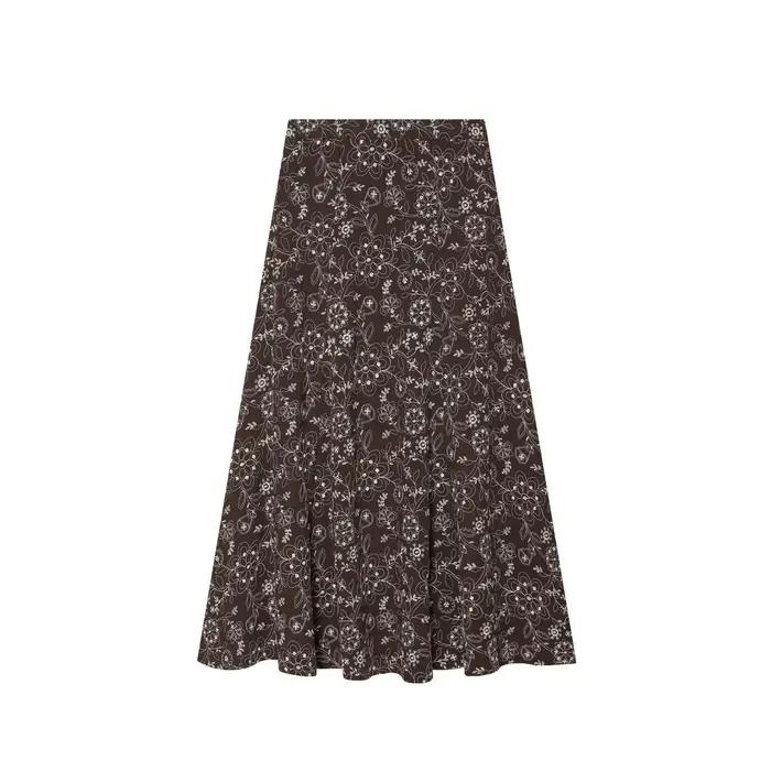 Jupe midi pour femme à broderie florale, décontractée, taille haute, fluide, coupe trapèze, pour l'é
