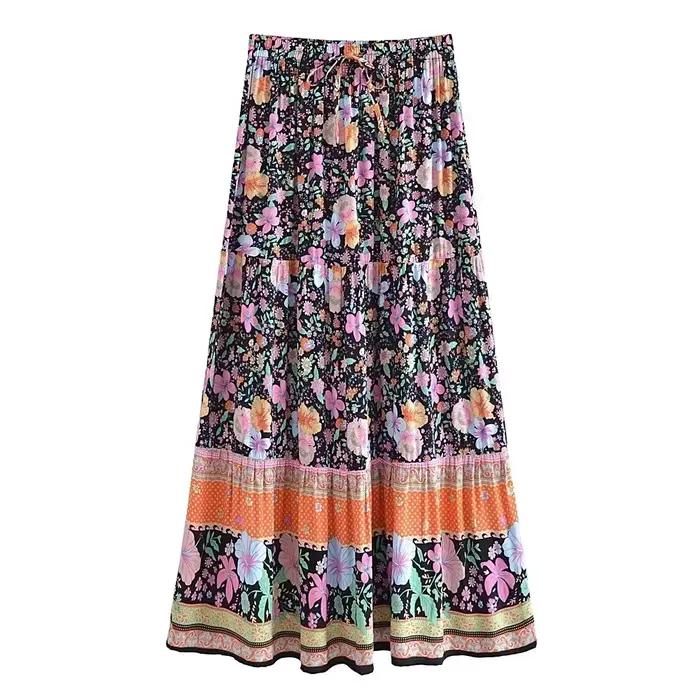 Boho Dinner ens-Jupe maxi plissée à pompons pour femmes, taille élastique, imprimé floral bleu, rayo