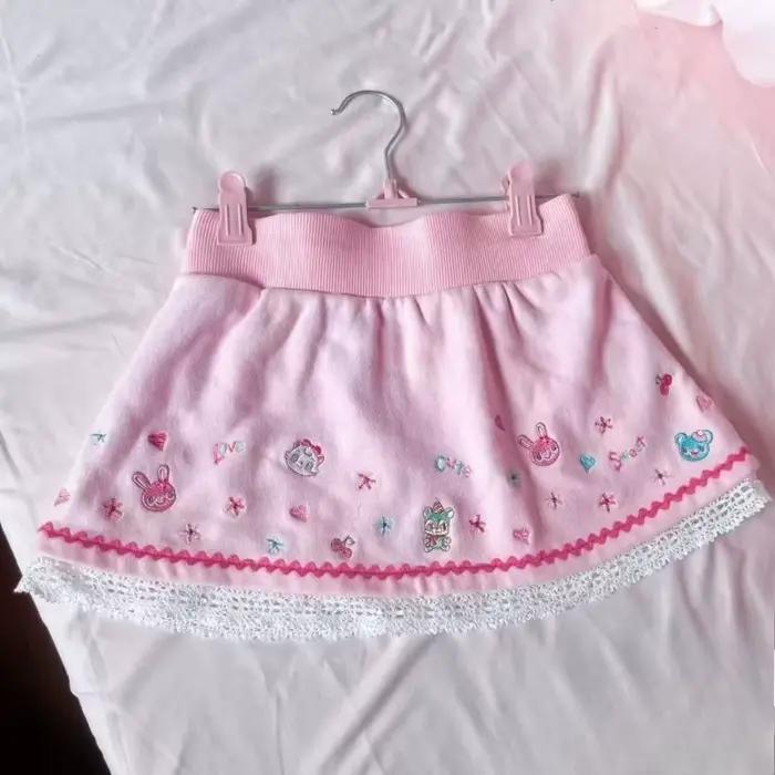 Mini-jupe japonaise Kawaii brodée style dessin animé, patchwork de dentelle, pour femme, style JK, e