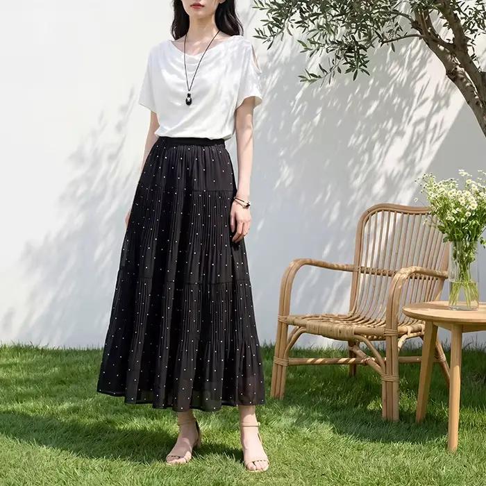 Jupe plissée fine taille haute polyvalente à pois pour femme, nouvelle collection été