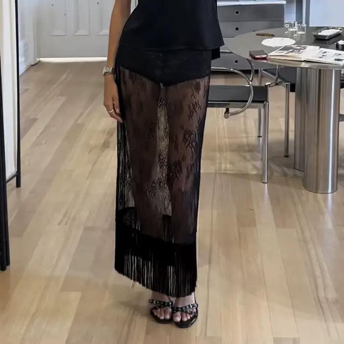 Jupes longues en maille transparente blanche à franges pour femme 2026 – Jupes droites élégantes bro