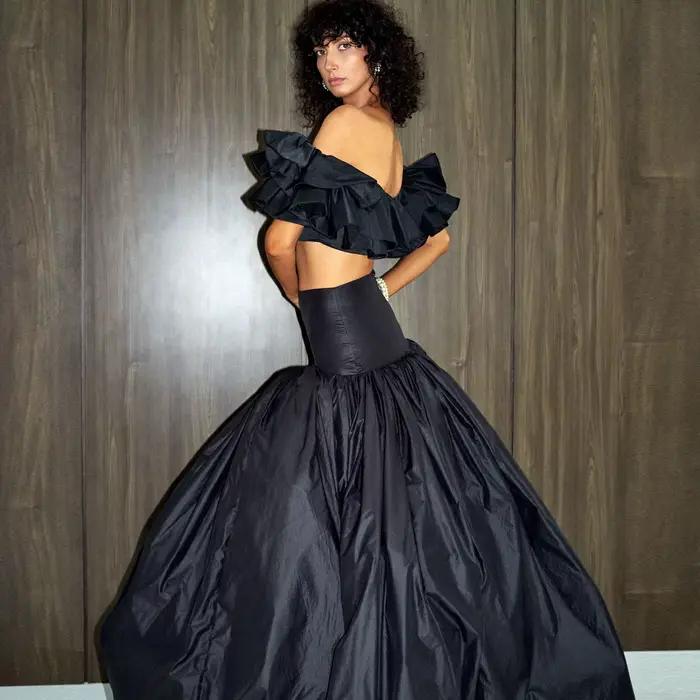 Jupe de bal noire spectaculaire, taille haute, style ballon, maxi, avec évasement complet, pour occa