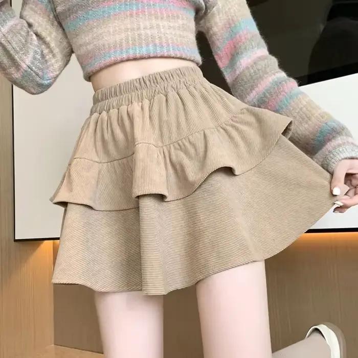 Fanan – jupe trapèze taille haute à volants bouffants pour femme, jupe plissée en velours côtelé ass