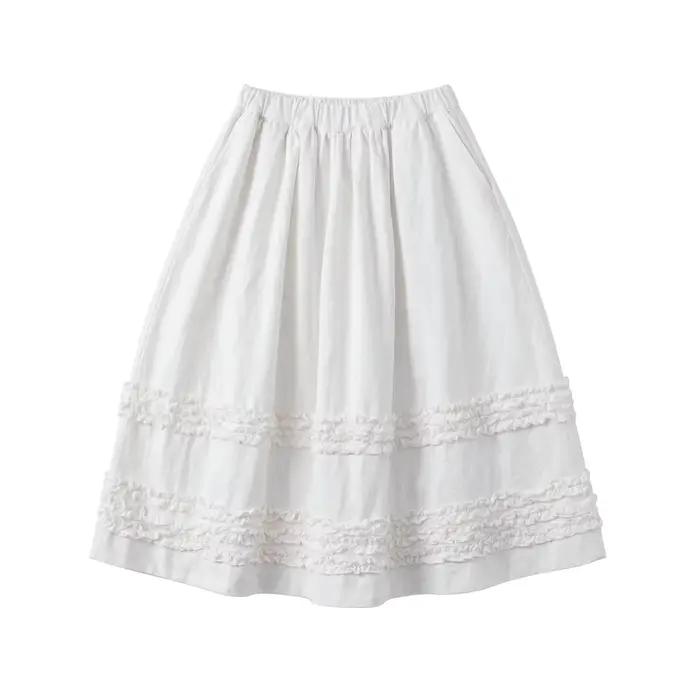 Jupe mi-longue à volants artistiques pour femme, jupe midi blanche style forêt printanière imakokoni
