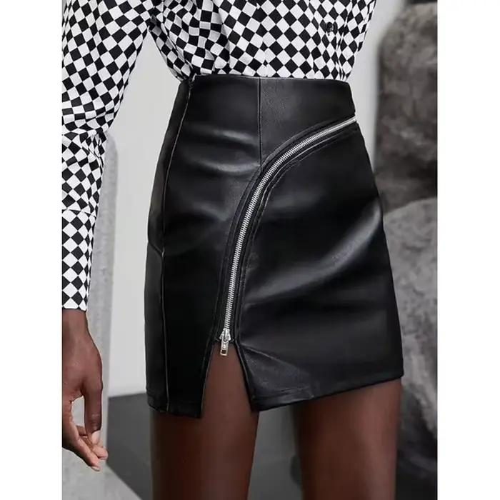 Mini-jupe tendance taille haute avec fermeture éclair et fente pour femme, couleur unie, style polyv