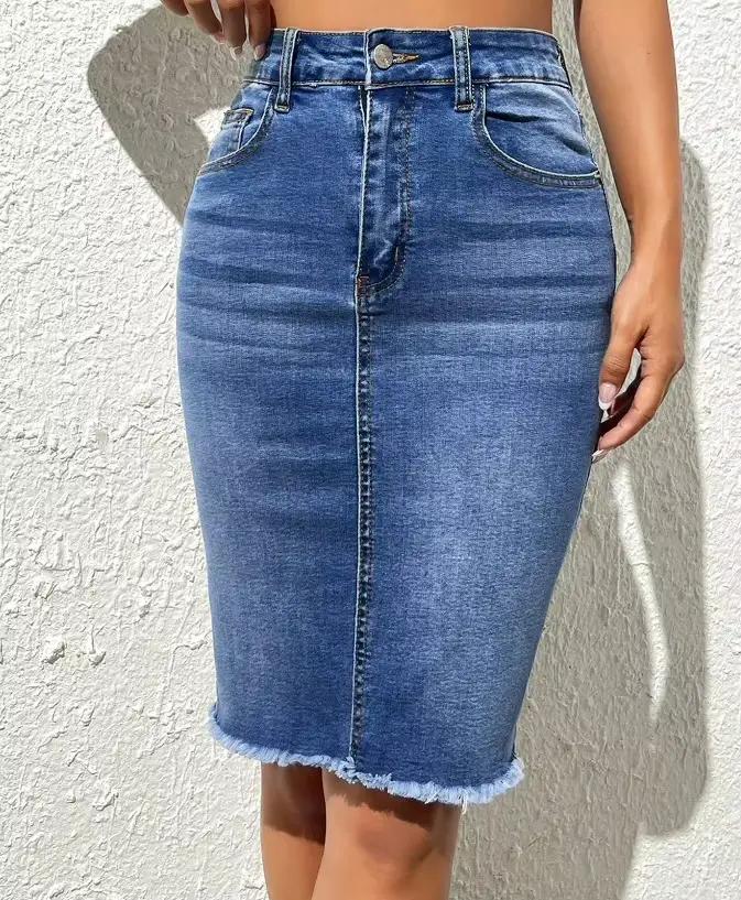 Jupe en jean pour femme, style streetwear 2026, coupe droite, extensible, taille haute, ajustée, dél