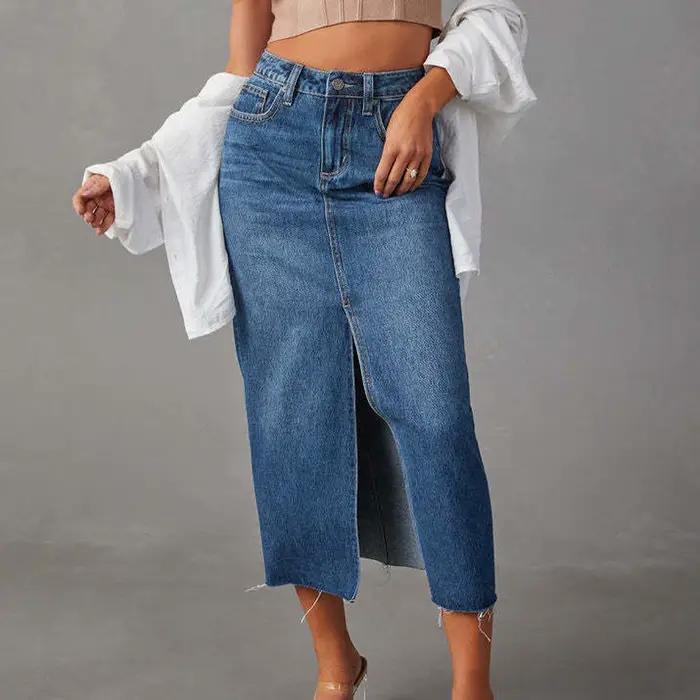 Jupe en jean taille haute de style coréen pour femmes, jupes mi-longues vintage, noir, bleu, jean, f