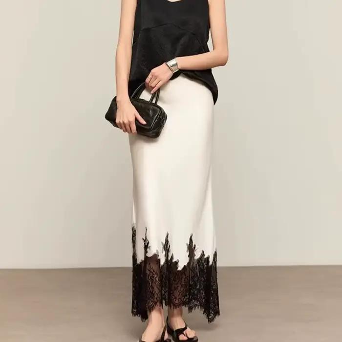 Jupe mi-longue en Satin et dentelle pour femmes, élégante, taille haute, enveloppée aux hanches, Sli