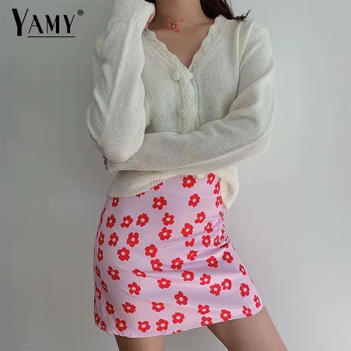 Mini jupe taille haute à imprimé floral pour femmes, vêtements d'été roses, jupe en satin rouge, mod