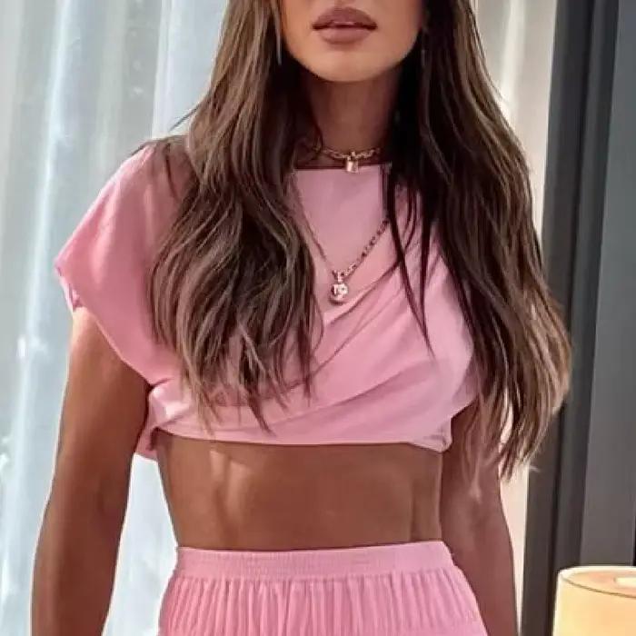 Ensemble jupe plissée unie pour femmes, haut court sans manches, taille haute, jupes trapèze élastiq