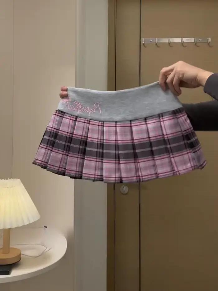 Jupes Patchwork à Carreaux Style Preppy 2026 Nouvelle Collection Été pour Femme Y2K Taille Haute Bro