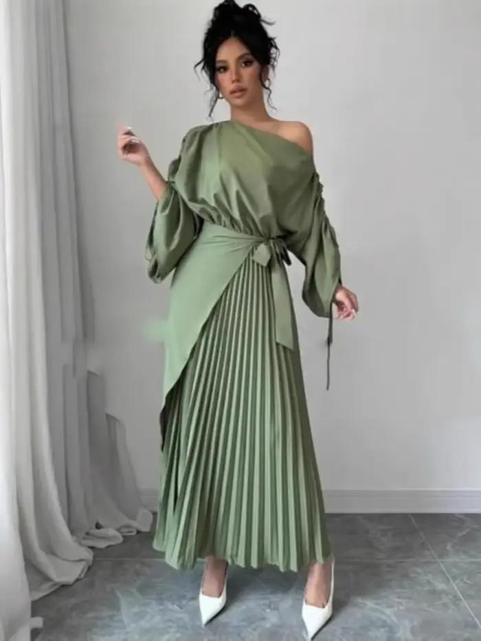 Robe de soirée trapèze plissée verte pour femmes, robe de bal élégante et exclusive avec ceinture, p
