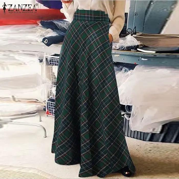 ZANZEA-Jupe longue à carreaux pour femmes, Robe d'été décontractée, Taille haute, A-ligne, Vintage, 