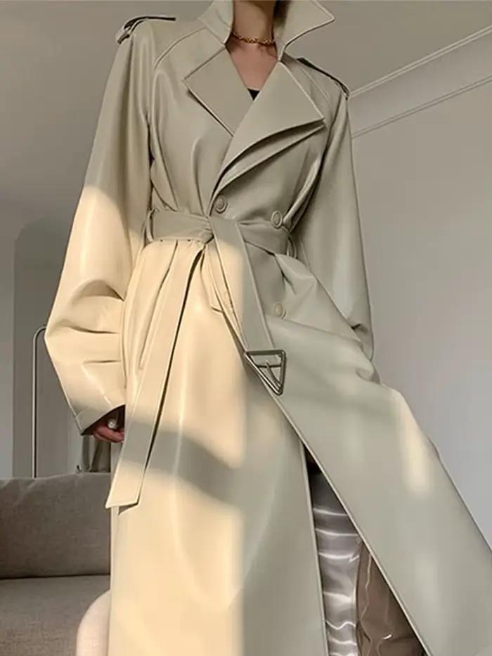 Lautaro-Trench-coat long en similicuir pour femme, ceinture, double boutonnage, luxe, élégant, mode,