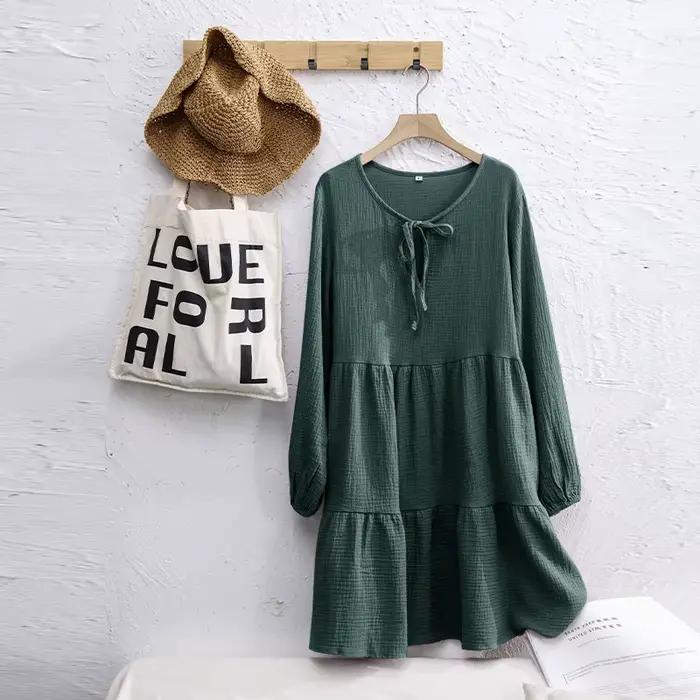 Robe en mousseline 100% coton pour femmes, robe ample à col en V, manches longues, à lacets, style b