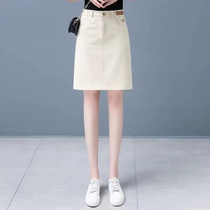 Jupe en jean décontractée mi-longue pour femme, taille haute polyvalente, effet amincissant, design 