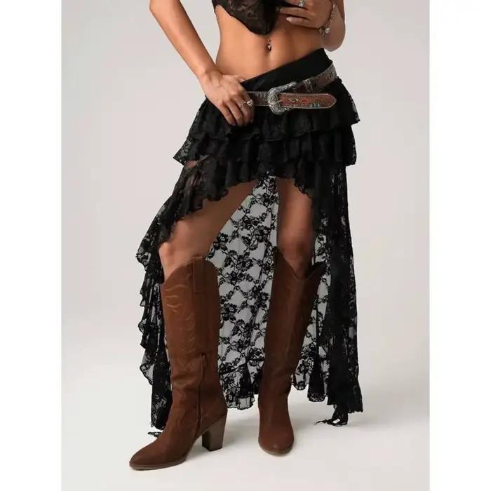 Deeptown Y2k jupe asymétrique femmes Boho dentelle Tulle Vintage jupe noire Style coréen voir à trav