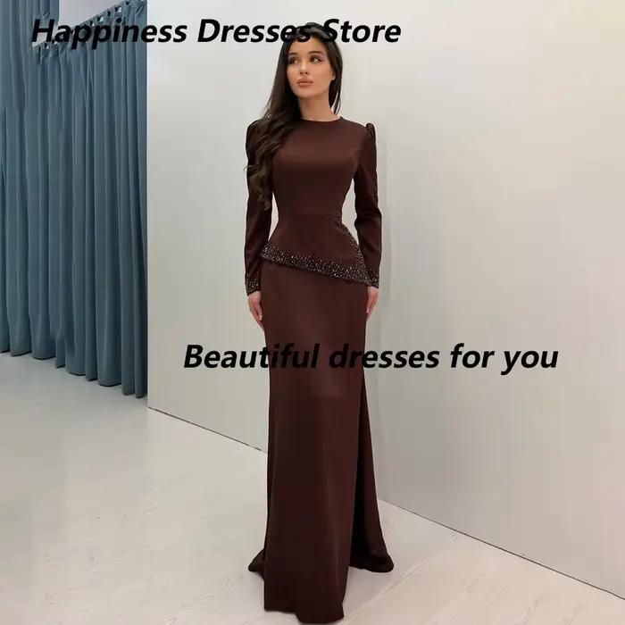 Robe de soirée marron personnalisée, col rond, manches longues, ornée de perles, coupe sirène, longu