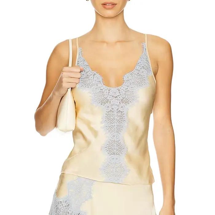 Élégant sans manches col en V gilet taille haute une ligne jupe mode dentelle Patchwork jupe ensembl