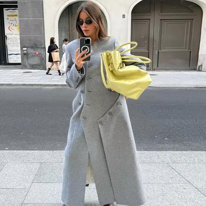 Manteau Long en laine grise pour femmes, col rond, manches longues, boutons asymétriques, Design, Si