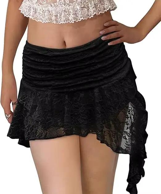 Mini-jupe Y2K en dentelle, taille basse, plissée, à volants, courte, superposée, élégante et asymétr