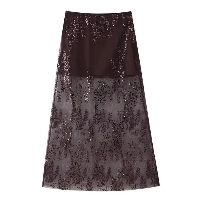 HH femmes mode été jupes solide taille haute brodé paillettes décoration fermeture éclair gaze jupe 