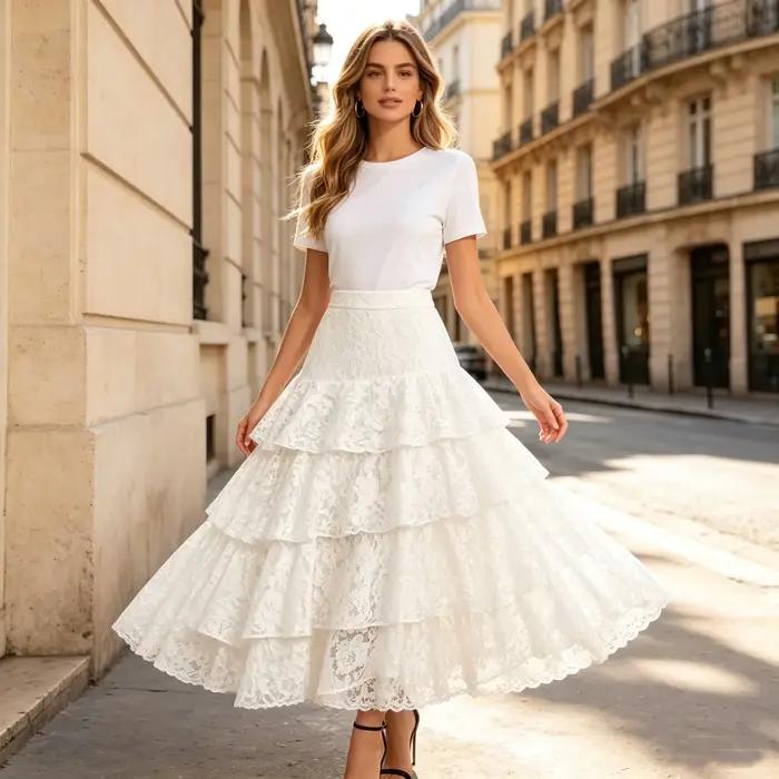 Jupe midi blanche en dentelle florale à volants superposés, taille haute, évasée, à plusieurs couche