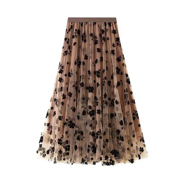 Jupes mi-longues plissées à fleurs pour femmes, jupes en tulle, taille haute, flocage coréen, maille