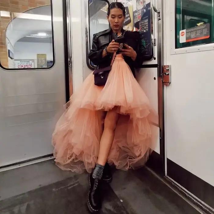 Jupe longue asymétrique rose poudré en tulle, taille élastique, à volants, bouffante, pour soirée, s