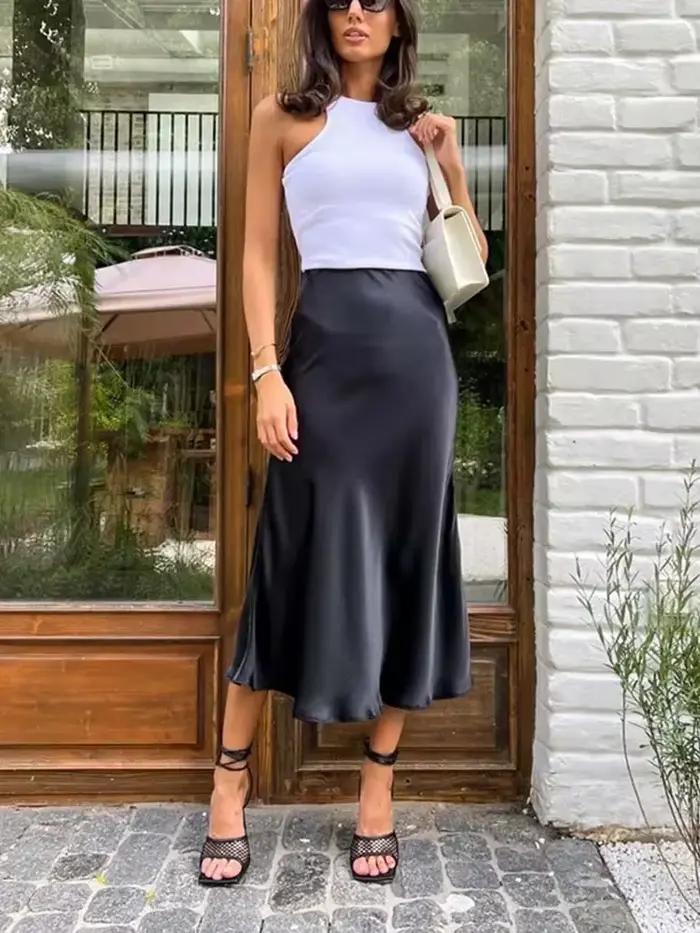 Jupes élégantes pour femmes, taille haute, en satin de soie, coupe trapèze, couleur unie violette, l
