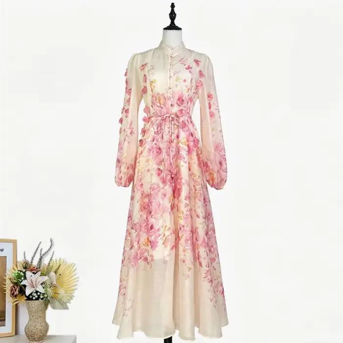 Robe longue élégante style urbain avec manches lanternes, col montant à bouton unique, imprimé flora
