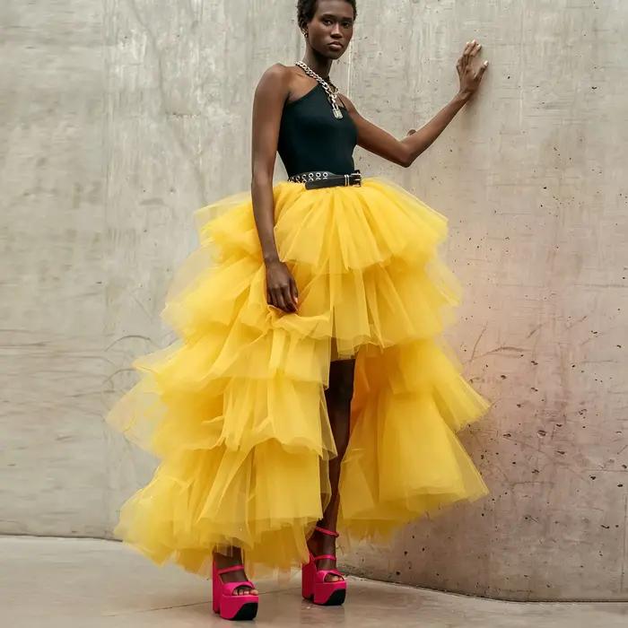 Jupe Tutu en Tulle Rose Vif à Volants Superposés, Jupe Longue Asymétrique à Taille Haute Coupe Trapè