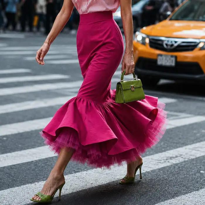 Nouvelle jupe sirène rose vif pour femme, jupe crayon taille haute, jupe longue en tulle à volants s