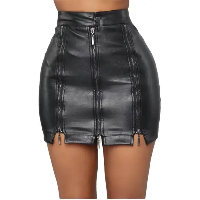 Mode moulante noir Faux cuir jupe Saia De Couro Feminina 5XL taille haute Zip PU cuir Mini jupes cra