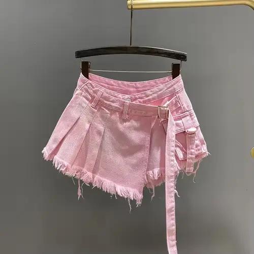 Mini jupe en jean rose irrégulière pour femme, taille haute, amincissante, faux deux pièces, vêtemen