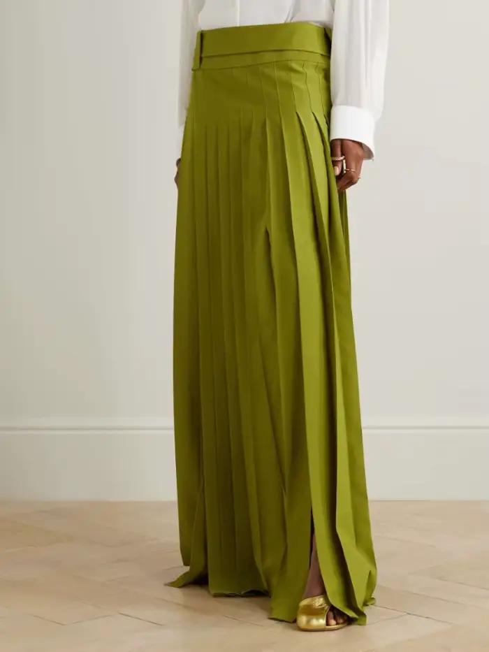 Jupe longue plissée verte élégante rétro Gymystars pour femme, coupe ample, taille haute, fente laté