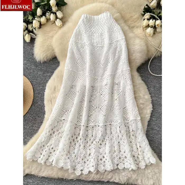 Jupes longues maxi style bohème ajourées pour filles Mori, rétro vintage, avec belles fleurs au croc