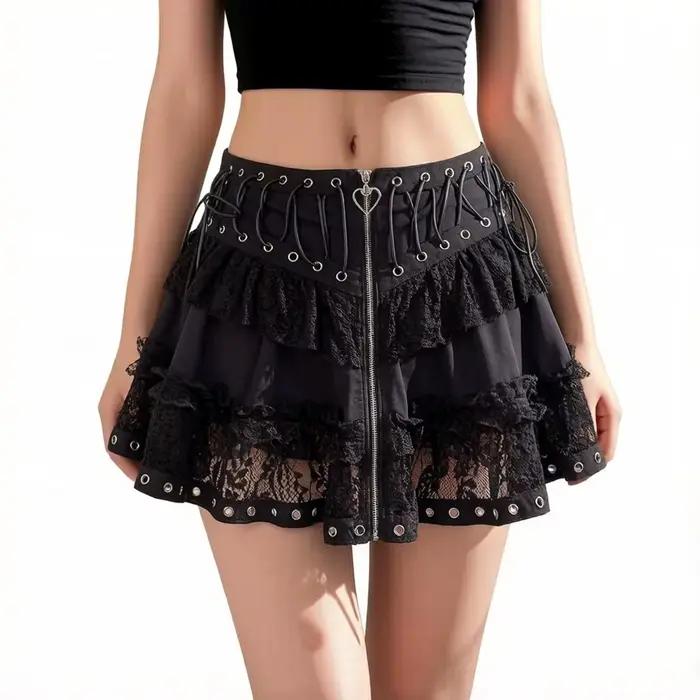 Jupe Courte Femme 2026 Style Punk Vintage Taille Haute, Fermeture Éclair Avant, Style Japonais Gothi