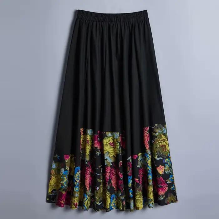 Style chinois quatre saisons épissage Style ethnique jupe femme coton et lin imprimé jupe Midi rétro