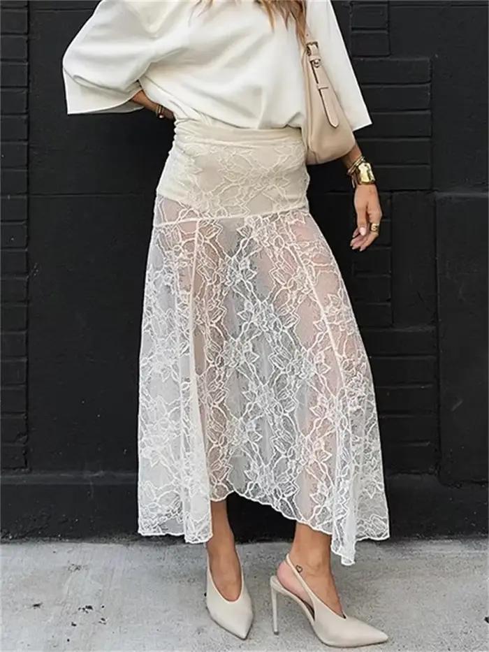 Jupe longue transparente en dentelle imprimée pour femme, taille haute, patchwork, élégant, abonnés,