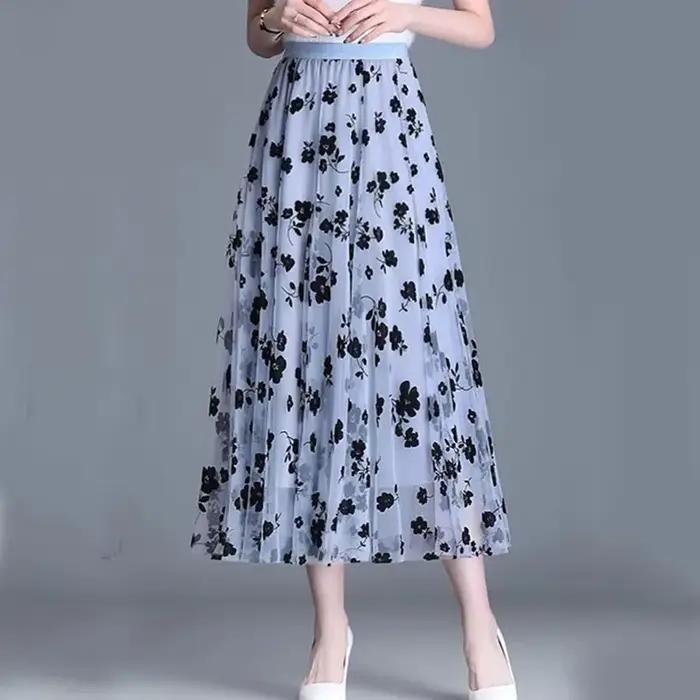 Jupe en maille coréenne pour femme, jupe midi ample à fleurs crochetées, élégante, décontractée, pol
