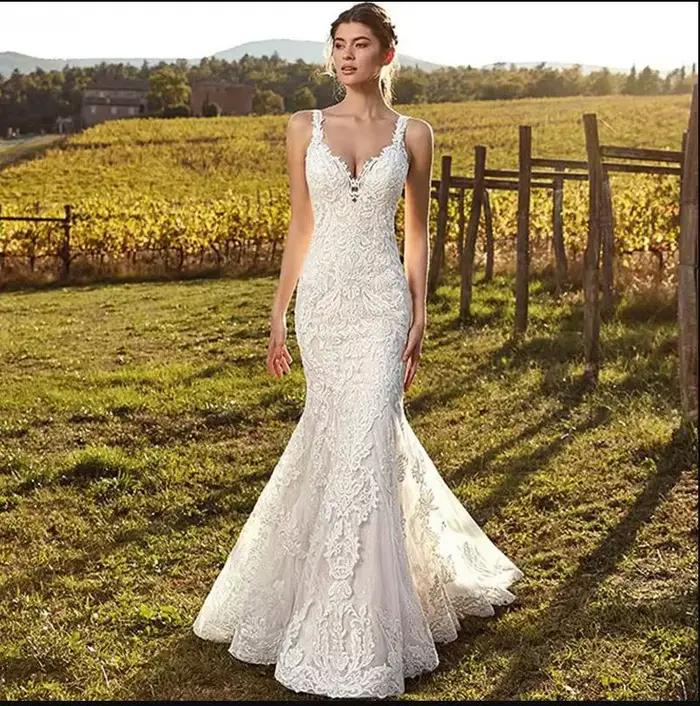 Robe de mariée sirène sexy à col en V et fines bretelles, style français amincissant et élégant, ave