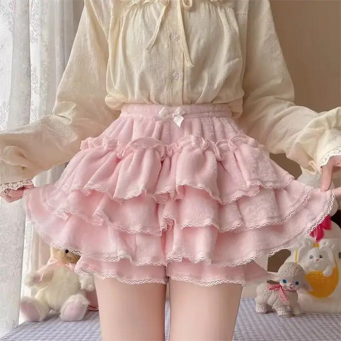 Jupe courte Lolita pour fille, Kawaii, nœud doux, dentelle, volants, taille élastique, Short de sécu