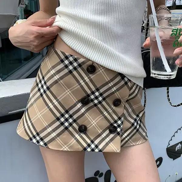 Jupe à carreaux kaki de type A pour femme, nouvelle jupe américaine tendance, taille basse, sexy et 