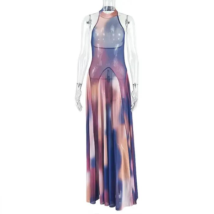 Robe longue trapèze plissée à imprimé dégradé pour femme, dos nu, sans manches, avec ceinture, sexy